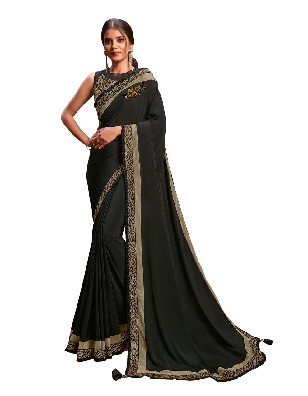 Black Satin Georgette Saree With Stitched Blouse MH23969
