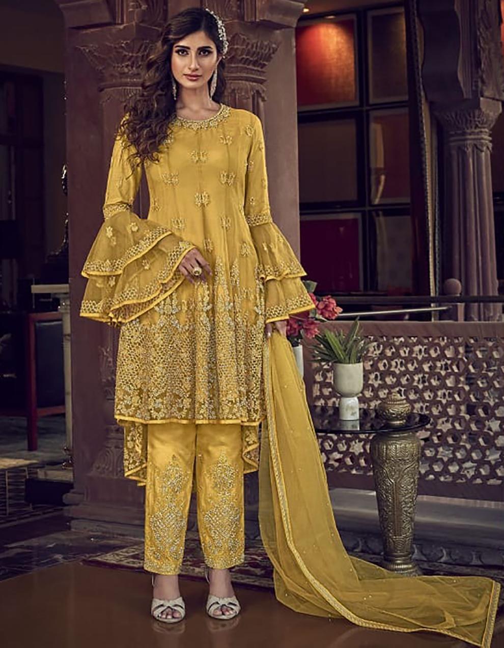 Yellow Net Sharara Suit with designer Work SAF8709