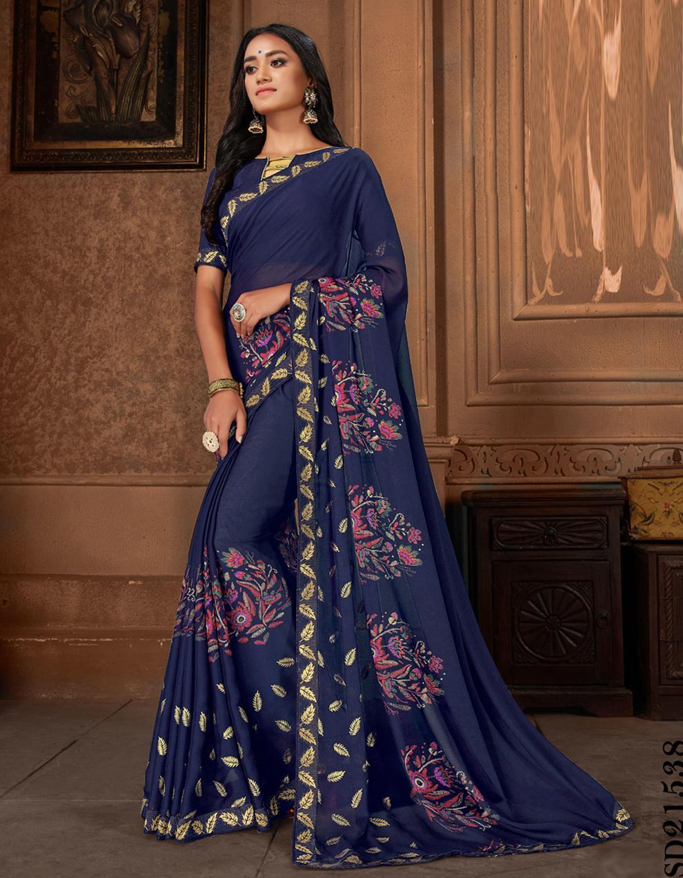 Navy Blue Georgette Saree With Blouse SD21538