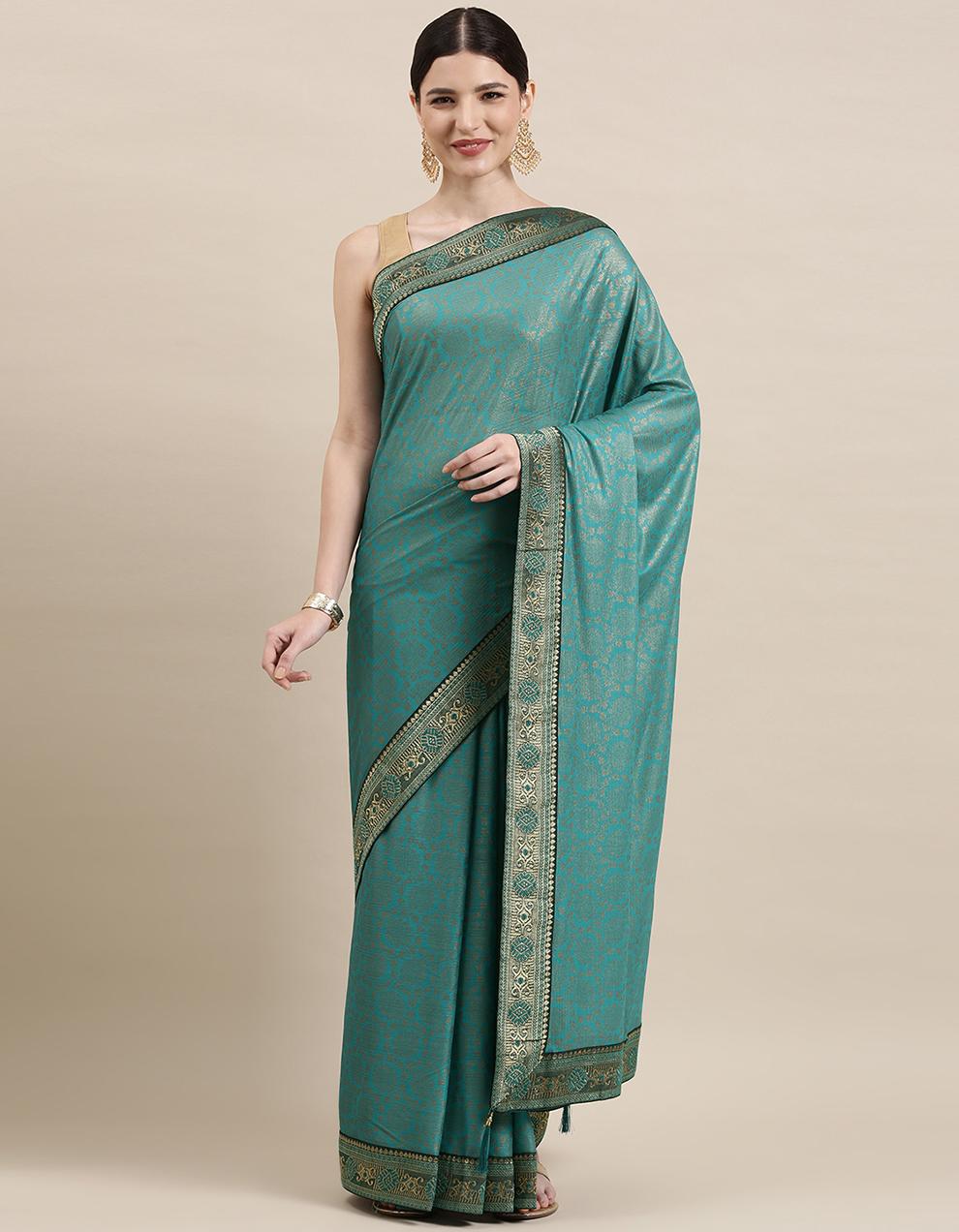 Turquoise Green Imported Fabric Saree With Blouse IW26568