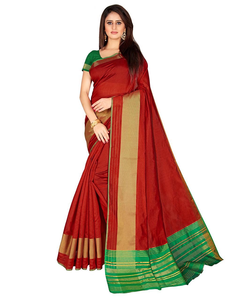 Red Cotton Silk Saree With Blouse MK25315
