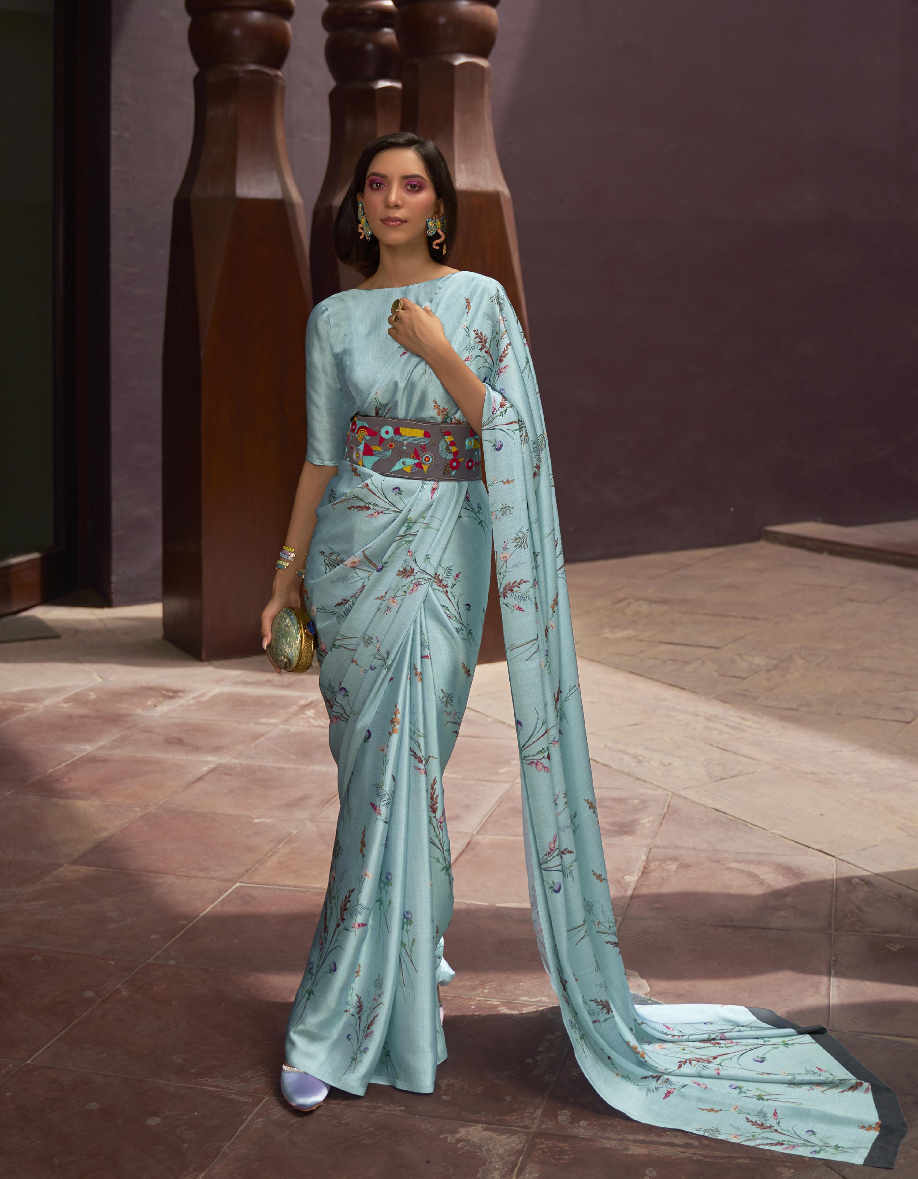Blue Satin Crepe Saree for Women With Blouse SD27111