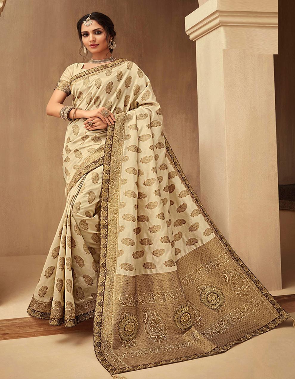Beige Jacquard Silk Saree With Blouse IW21028