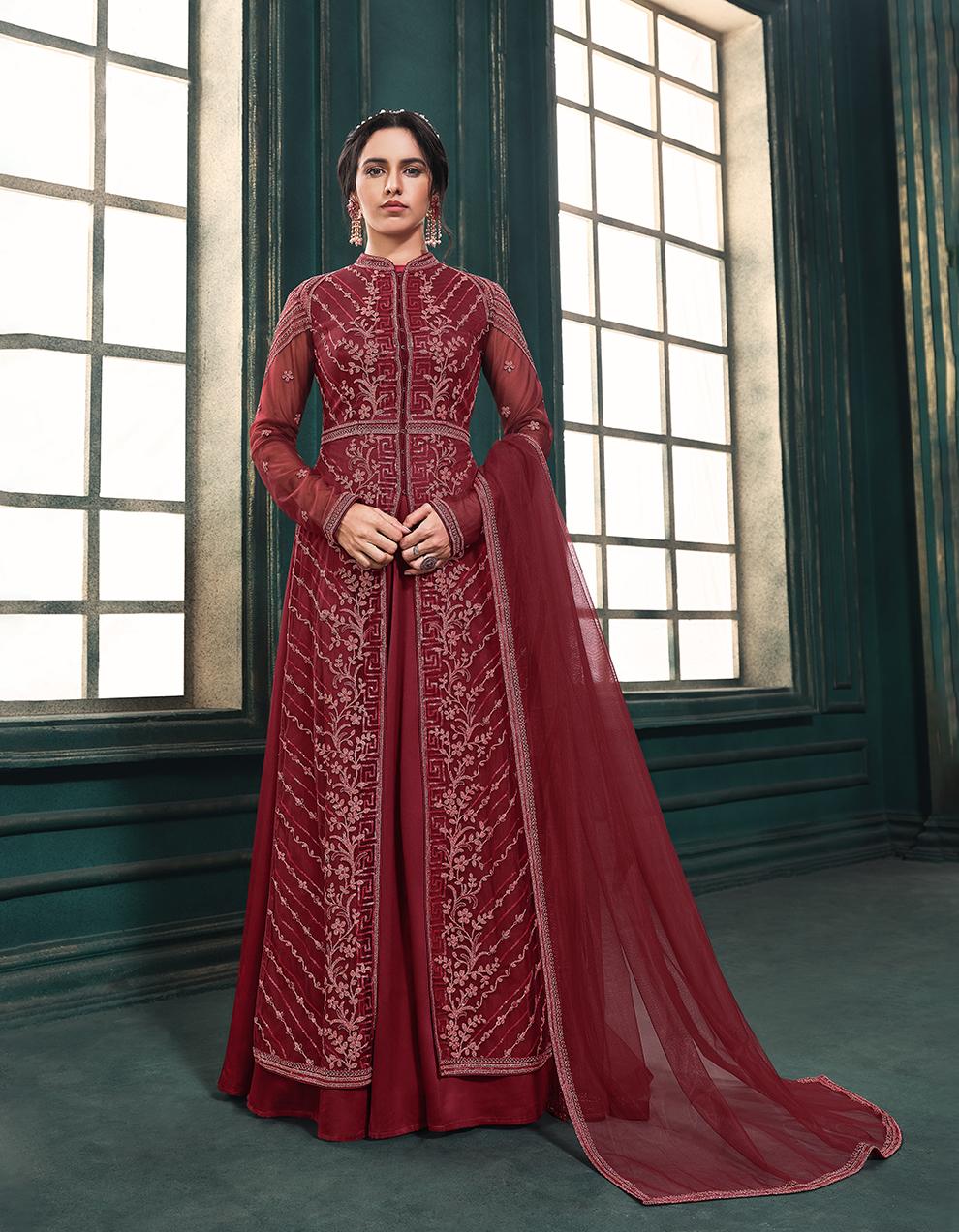 Red Net Jacket Style Suit with Heavy Embroidery Work SAF8685