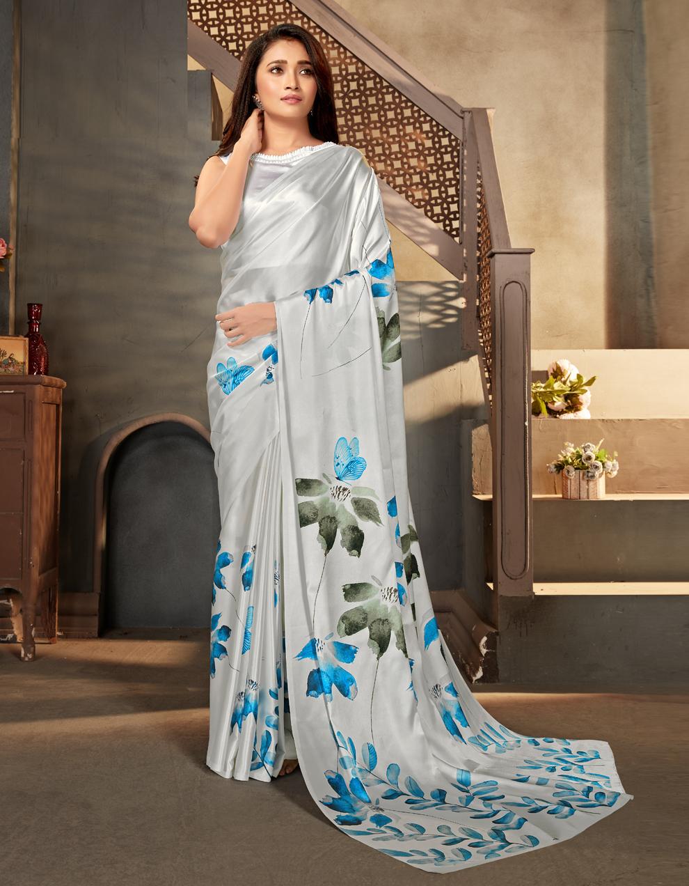 Off white Satin Crepe Saree With Blouse SD25490