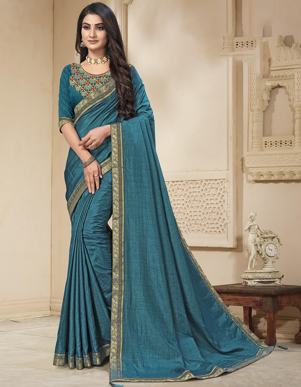 Teal Blue Vichitra Silk Saree With Blouse IW27052