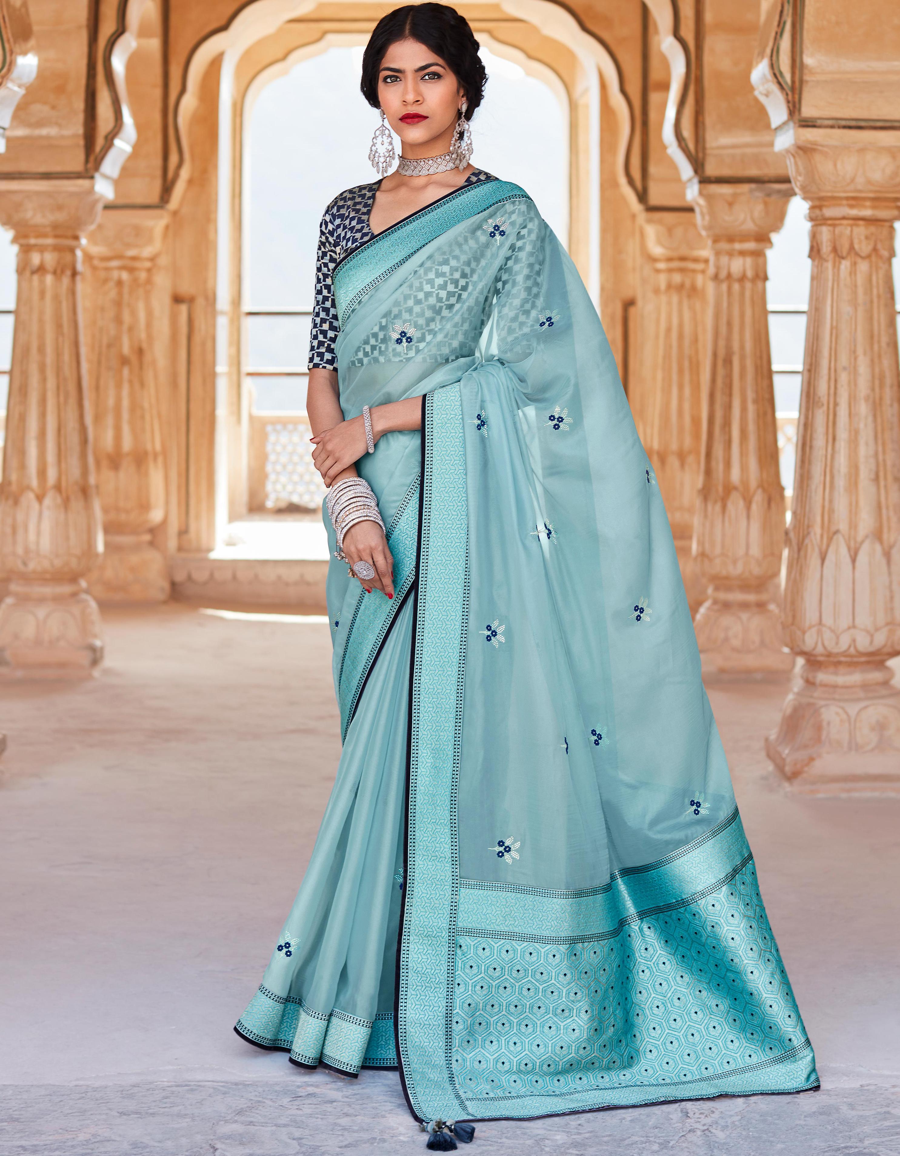 Sky Blue Silk Party Wear Saree for Women With Blouse SD27229