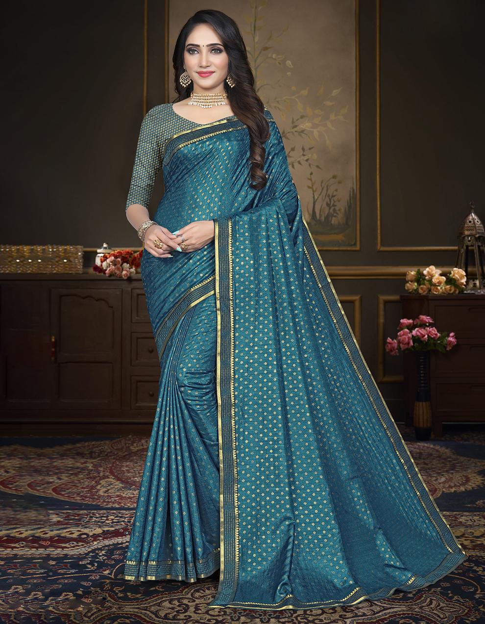 Teal Blue Vichitra Silk Saree With Blouse IW26964