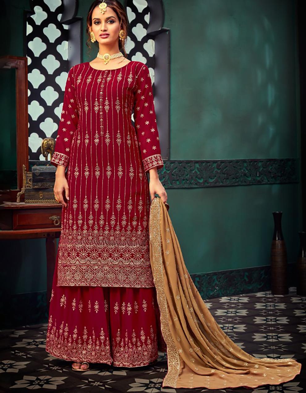 Red Pure Georgette Palazzo Suit with Dupatta SHL8719