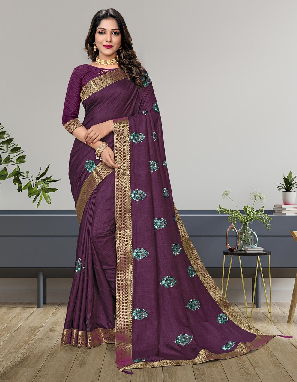 Purple Vichitra Silk Saree With Blouse IW26989