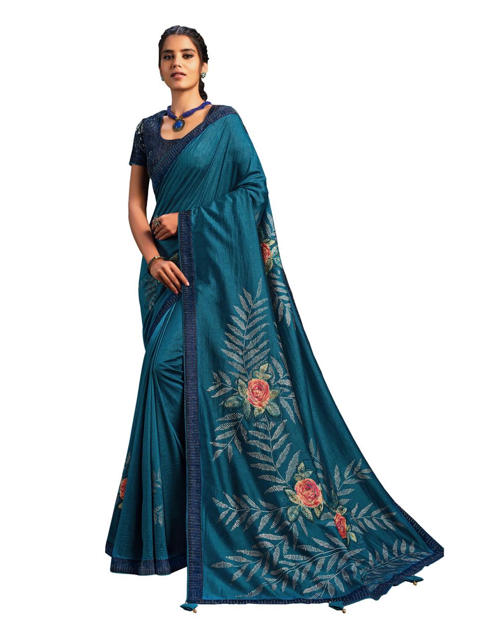 Teal Blue Silk  Saree With Blouse MH23954