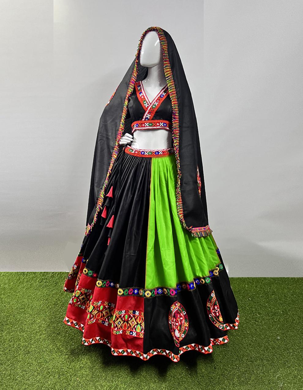 Cotton Silk GREEN Semi-stitched Navratri Lehenga with Choli And Dupatta LAW2928