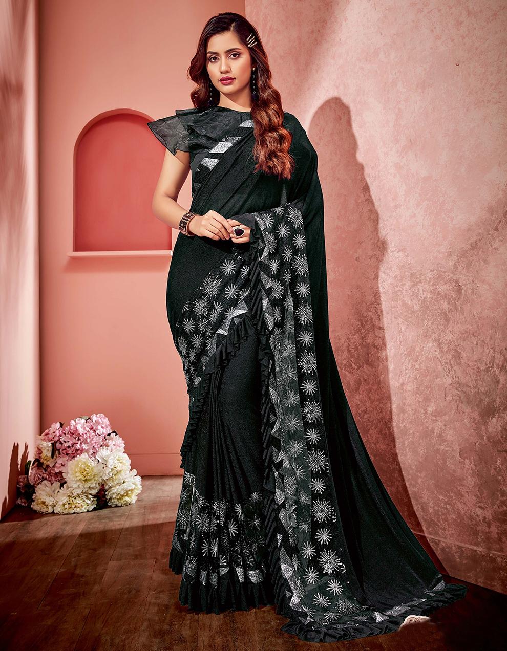 Black Lycra And Net Saree With Blouse MH20461