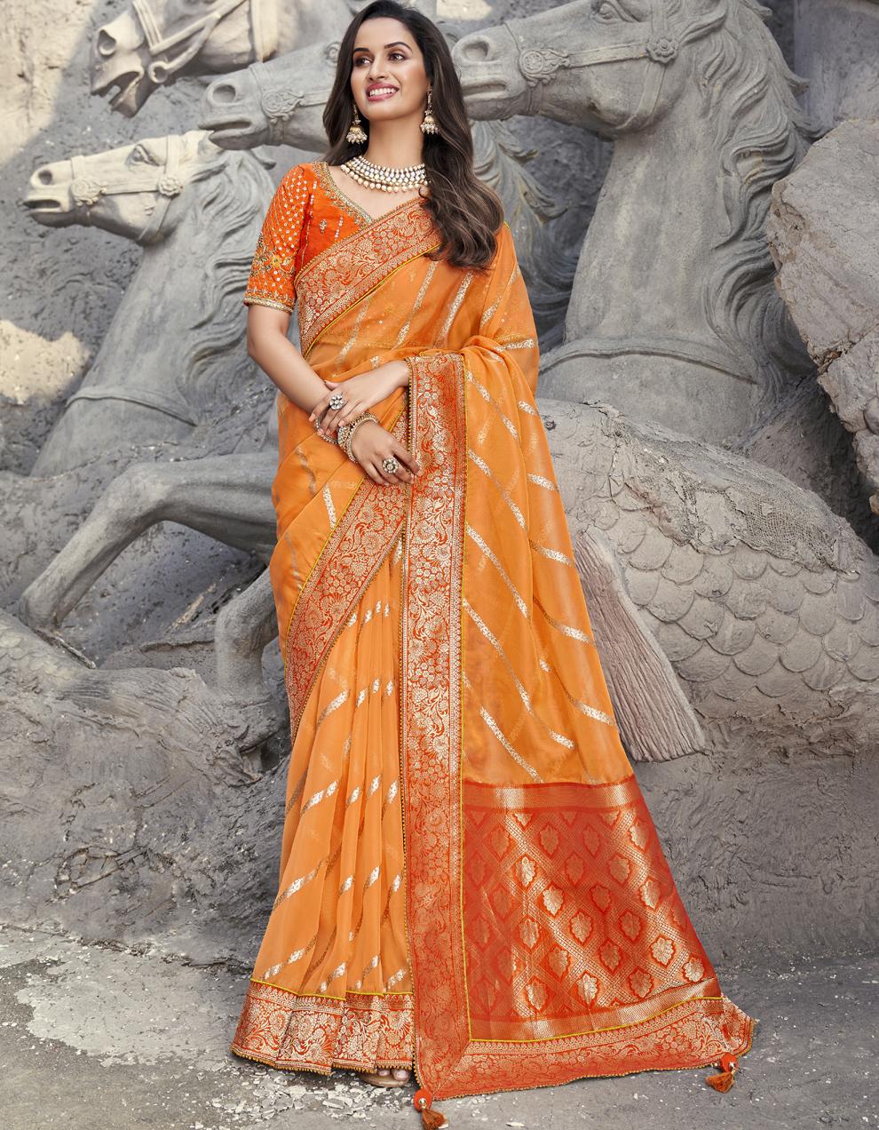 Orange Net And organza And Banarasi Silk Saree With Blouse SD26182