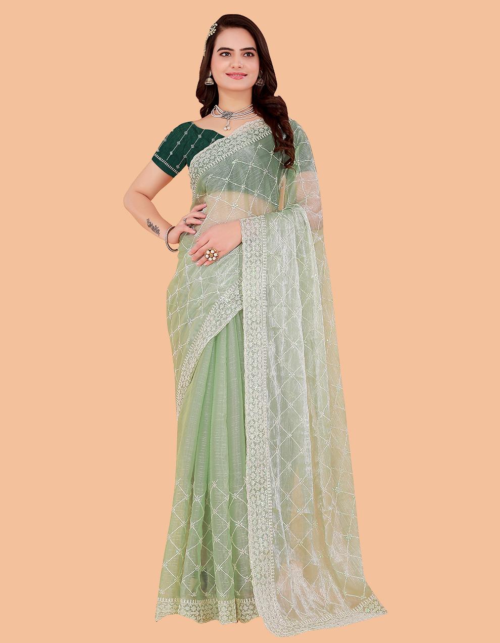 green Organza Saree for Women With Blouse SD29125