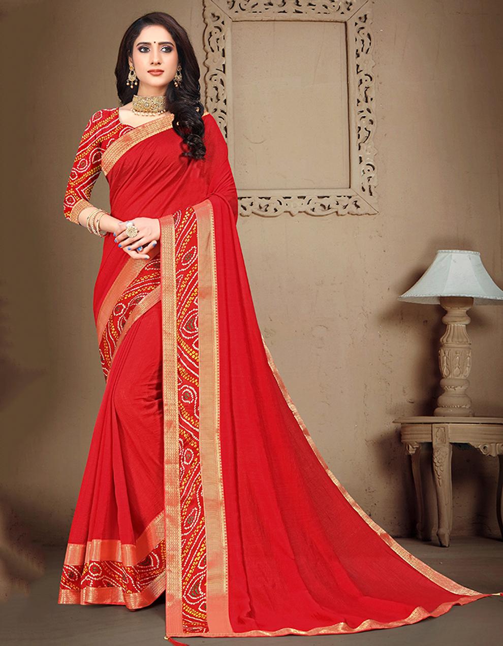 Red Vichitra silk Saree With Blouse IW24588