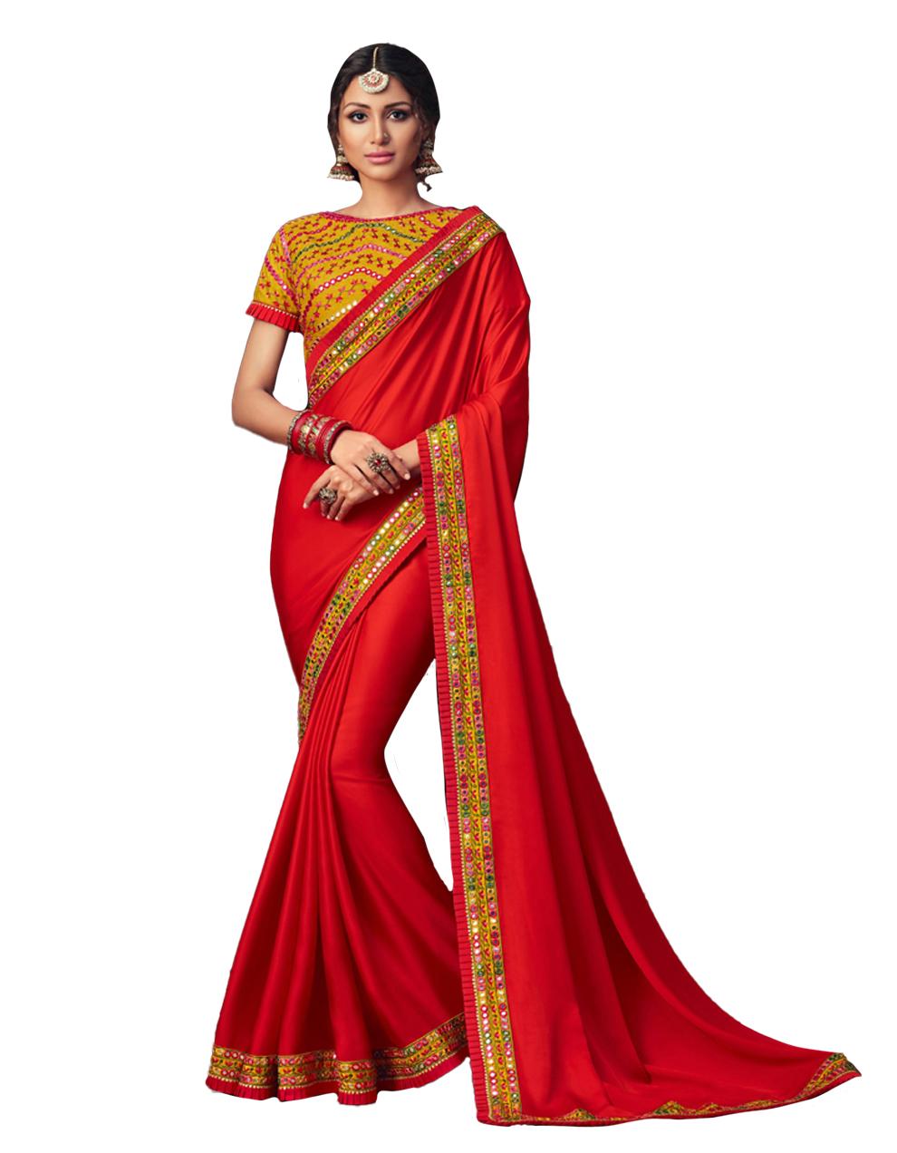 Red Poly Silk Saree With Blouse IW23692