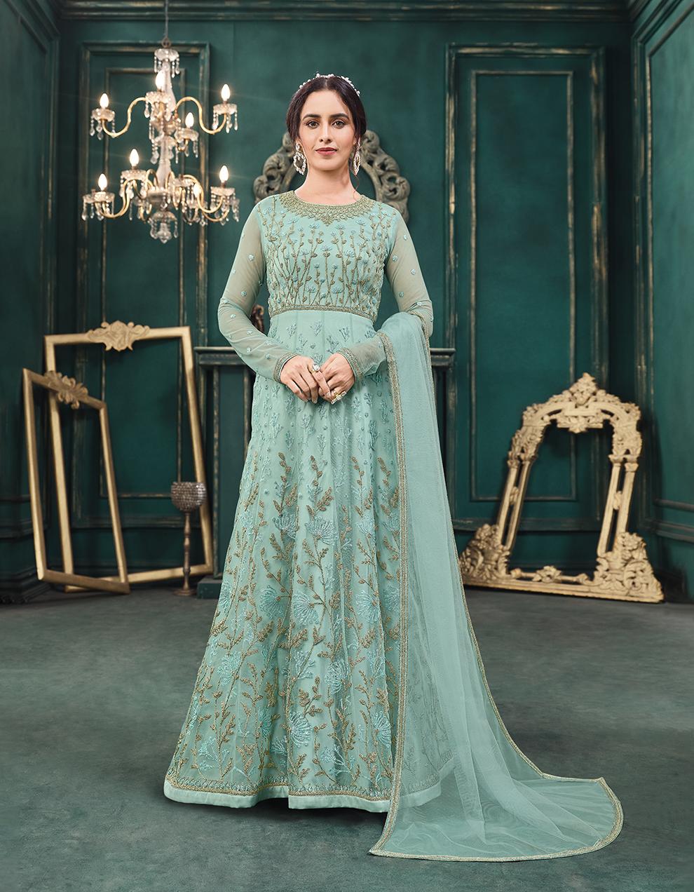 Light Blue Net Anarkali Suit with Heavy Embroidery Work SAF8686