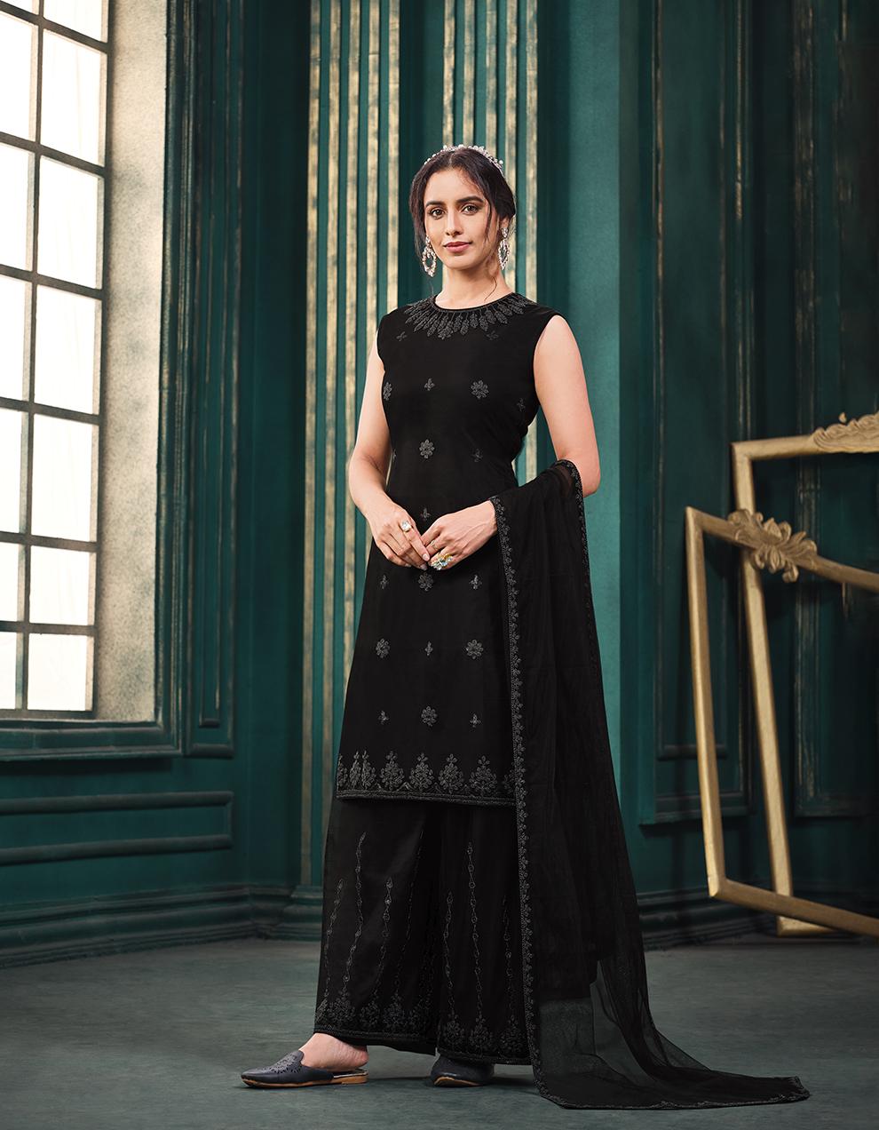 Black Net Jacket Style Suit with Heavy Embroidery Work SAF8687