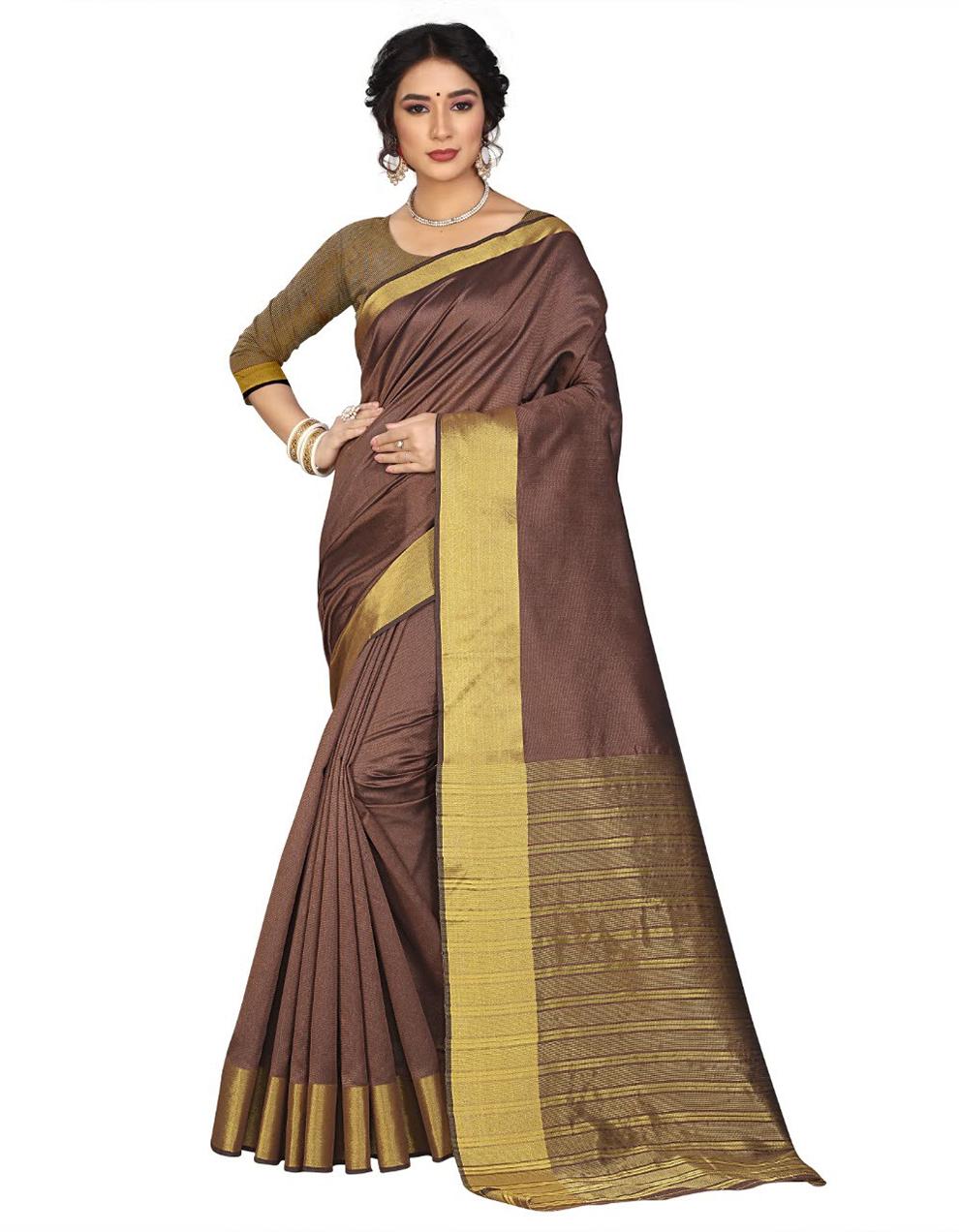Brown Cotton Silk Saree With Blouse MK25306