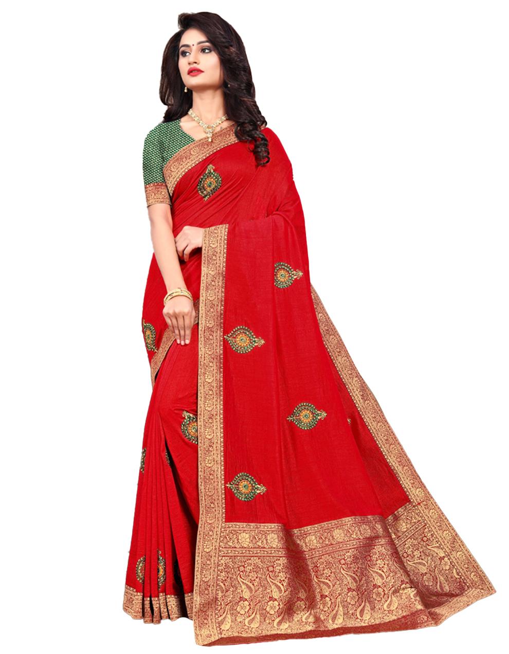Red Vichitra silk Saree With Blouse IW24320