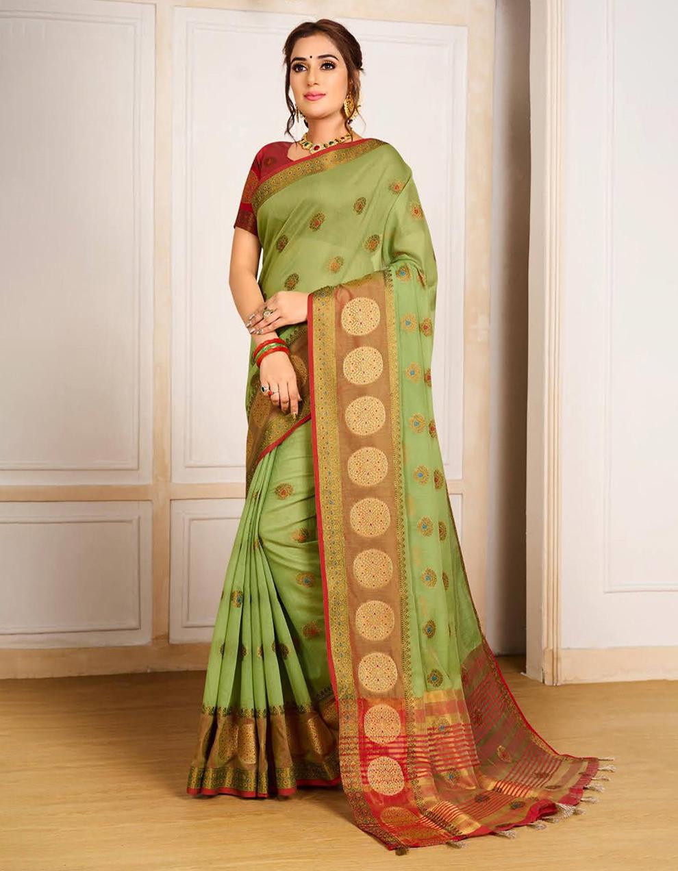Teal  Chanderi Cotton Saree With Blouse MK25916