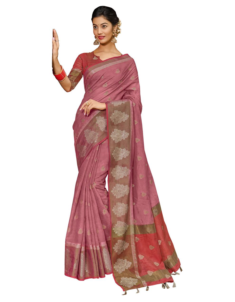 Pink Chanderi Cotton Saree With Blouse MK25588