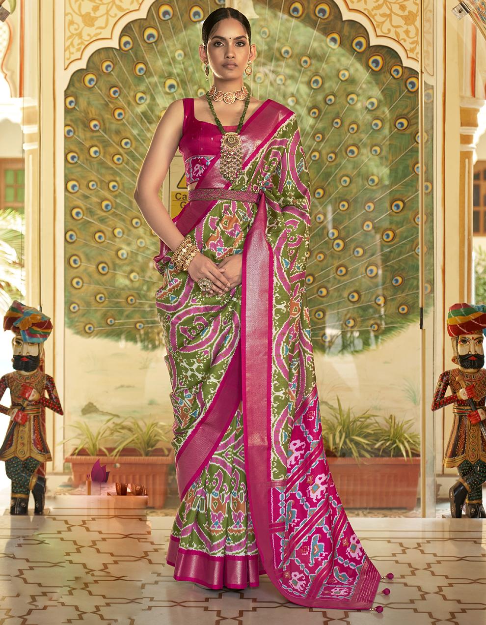 Green And Pink Pure Dola Silk Patola Saree for Women With Blouse SD27924