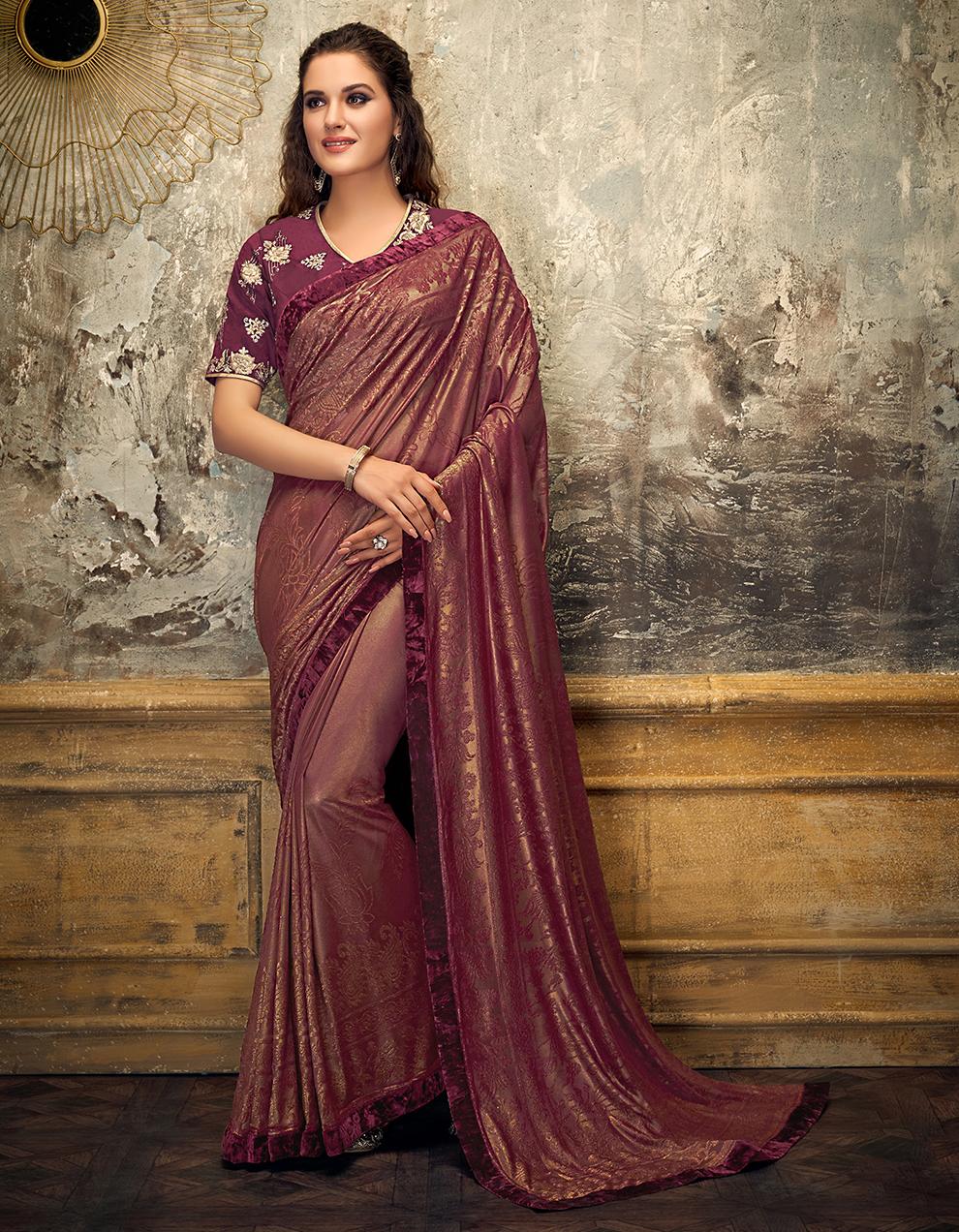 Maroon Embossed lycra Saree With Blouse MH21184