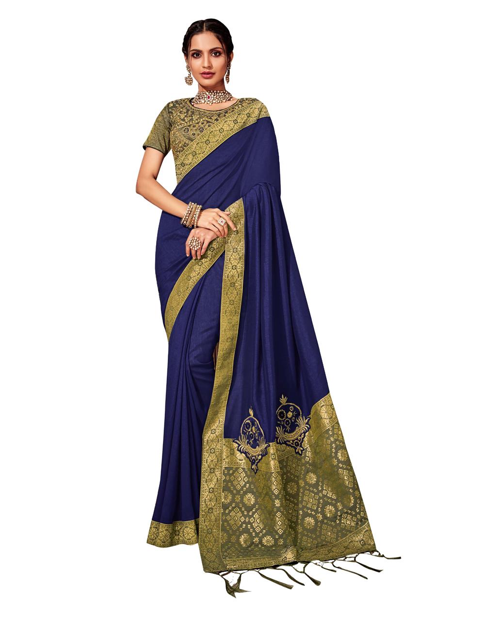 Blue Silk Georgette And Brocade Saree With Blouse MH20490