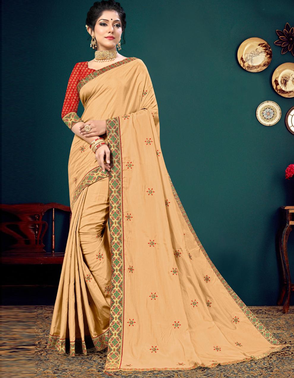 Beige Vichitra silk Saree With Blouse IW24430