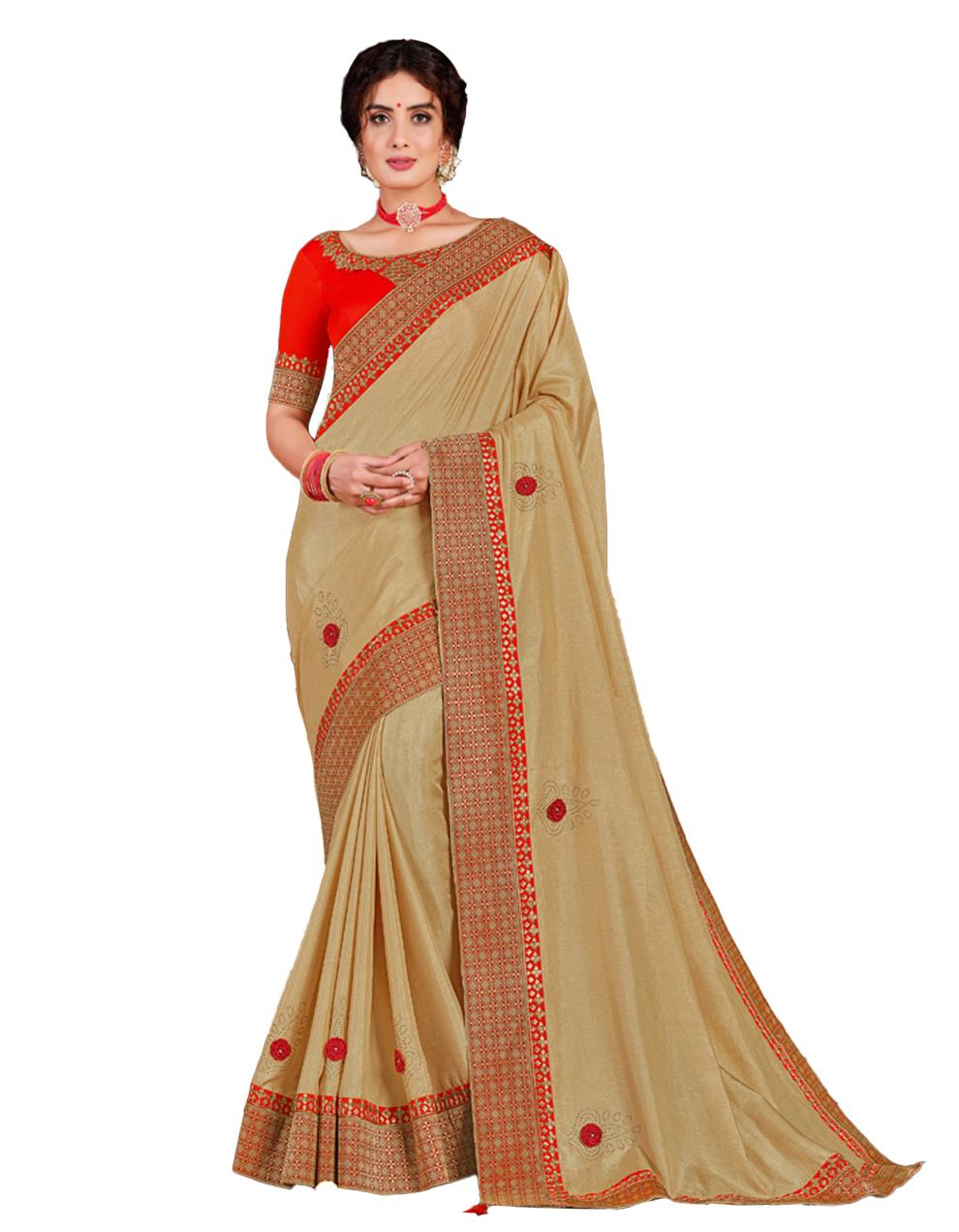 Beige Poly Silk Saree With Blouse IW24684