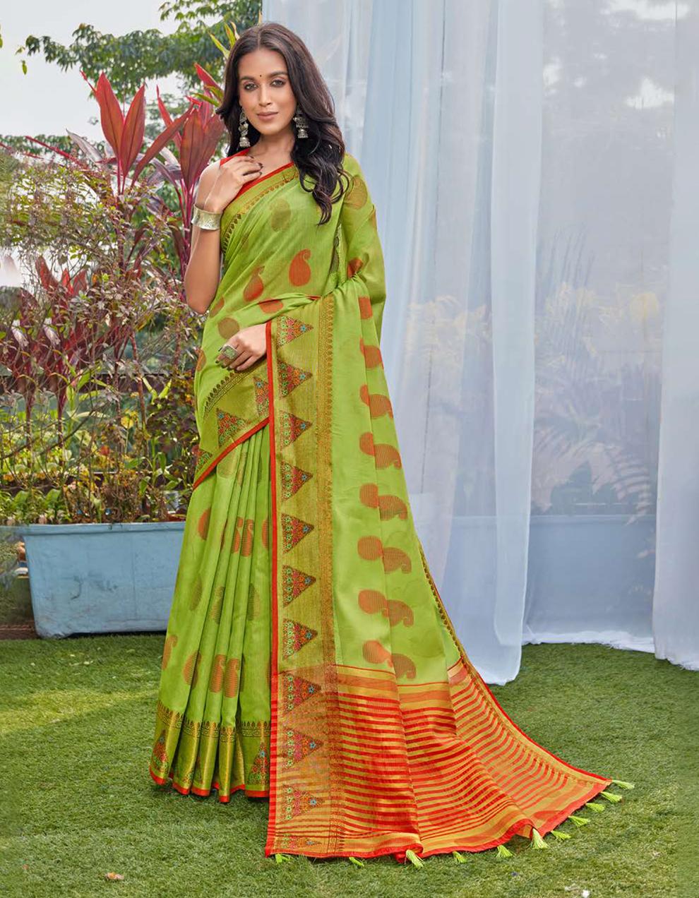 Parrot green Chanderi cotton Saree With Blouse MK25684