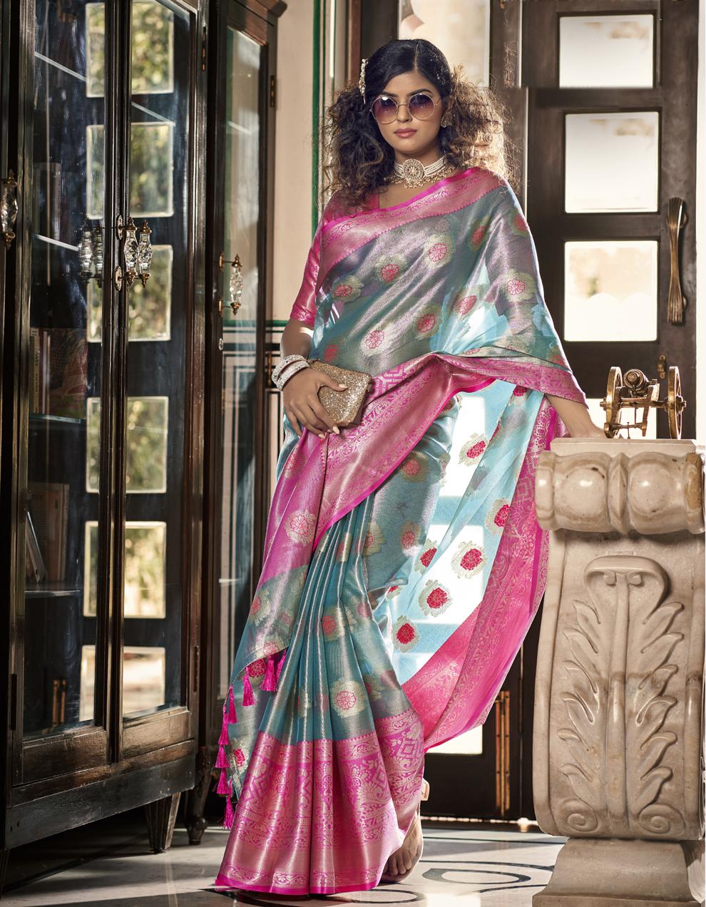 Blue Organza Saree for Women With Blouse SD27658