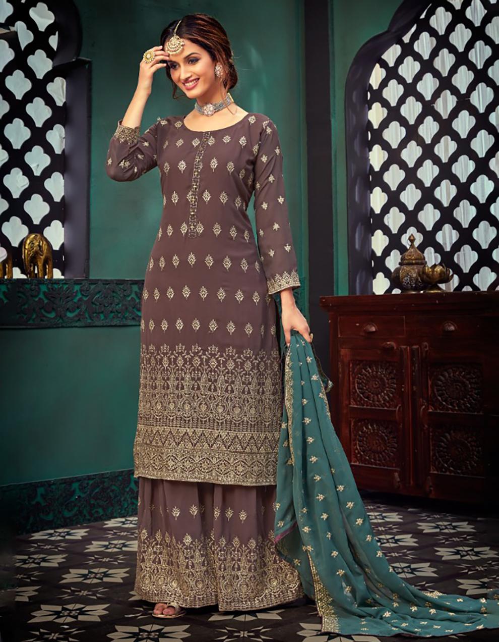 Brown Pure Georgette Palazzo Suit with Dupatta SHL8722
