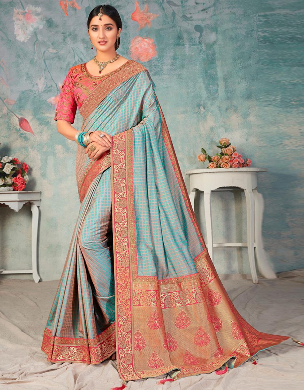 Blue and Pink Poly Silk Saree With Blouse IW24469