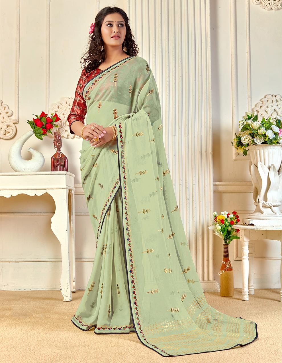 Teal Pure Chiffon Saree With Blouse SD26089
