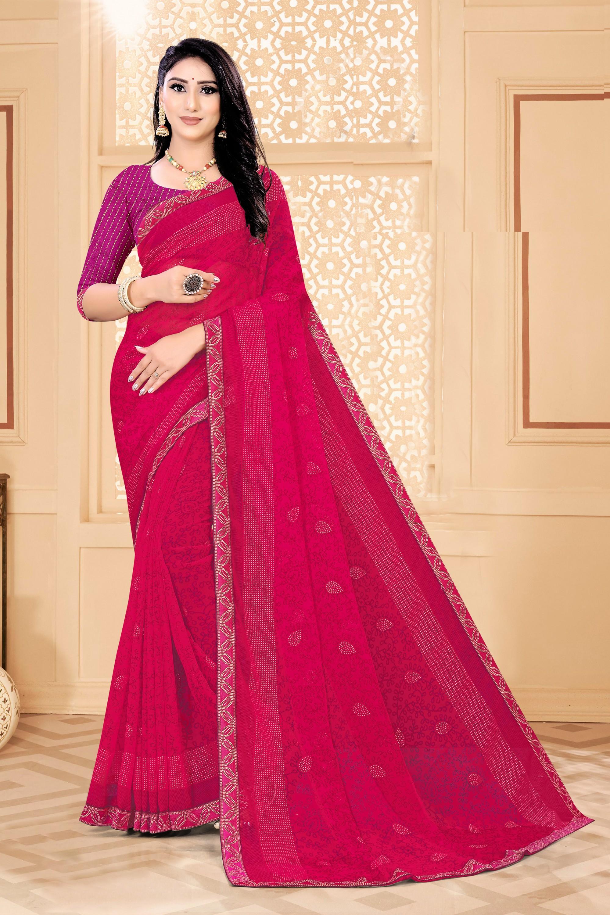 Red Chiffon Saree With Blouse IW24720