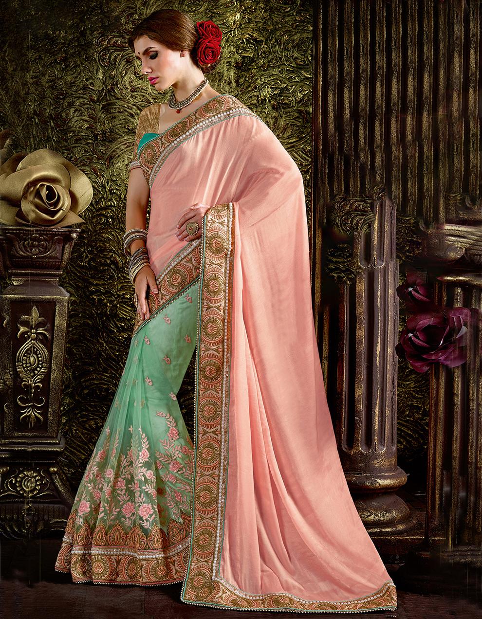 Peach And Mint Green Chinnon Chiffon And Net Saree With Blouse MH14768