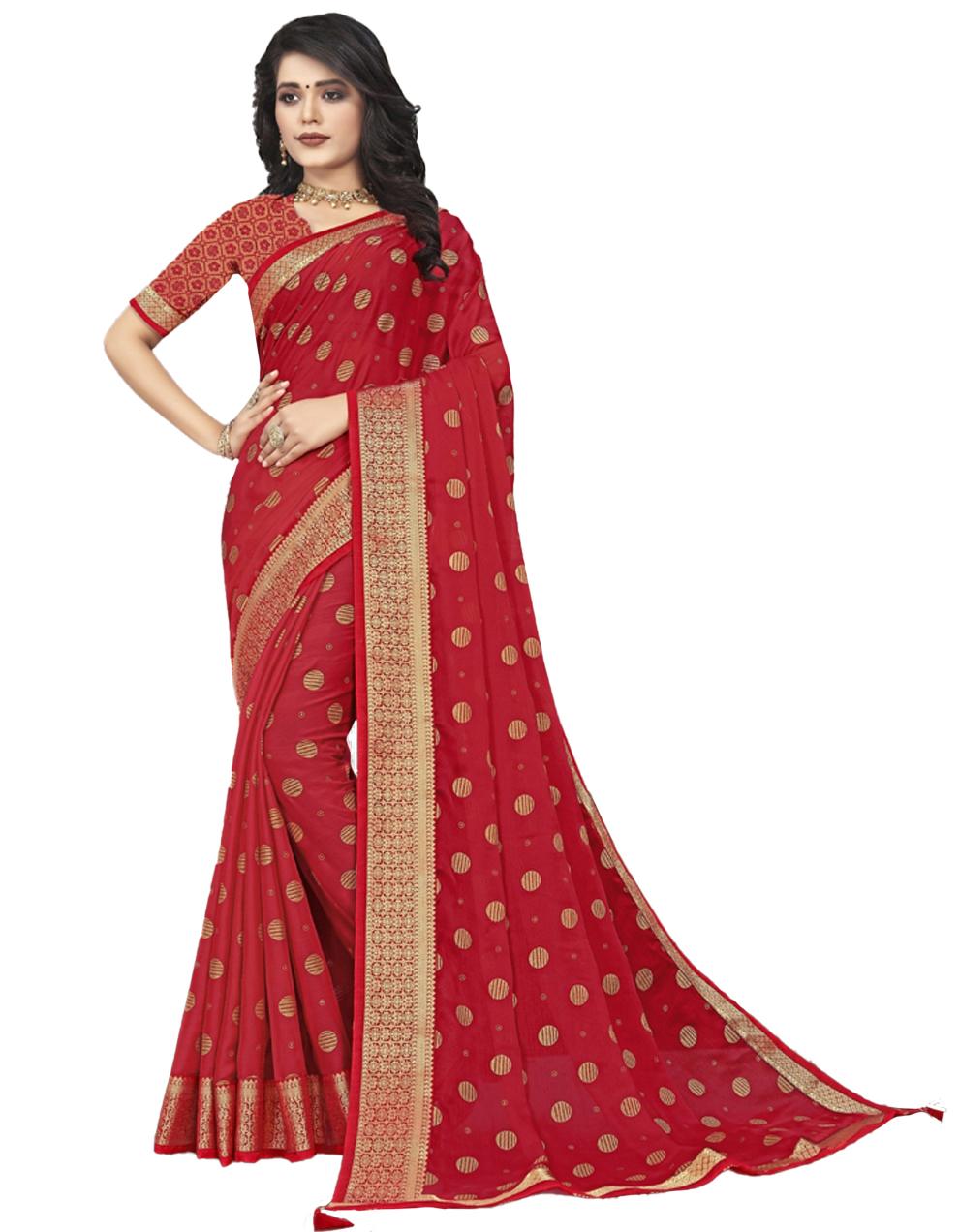 Red Vichitra silk Saree With Blouse IW24358