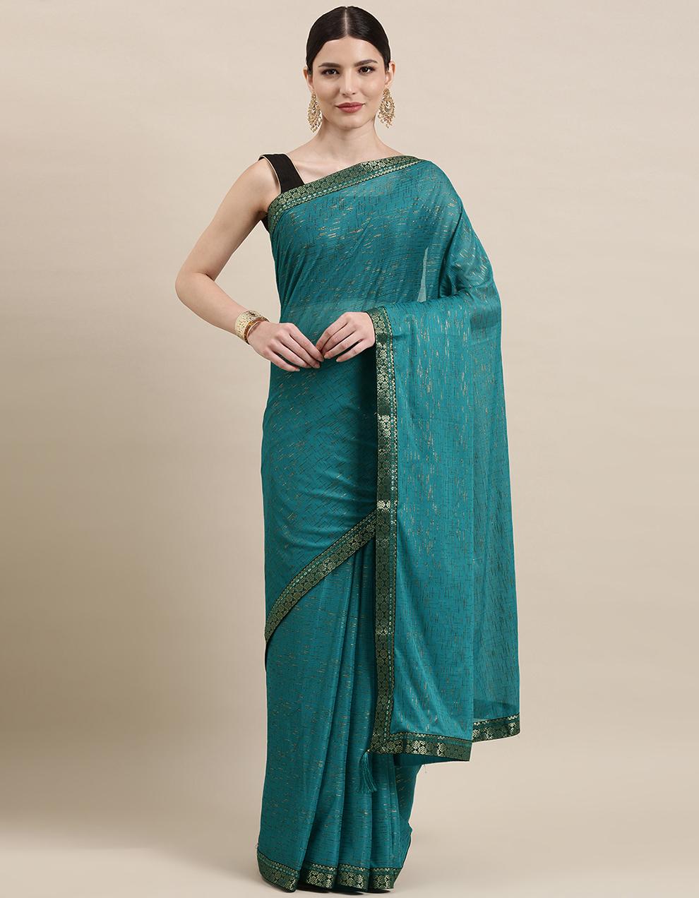 Teal Blue Imported Fabric Saree With Blouse IW26560