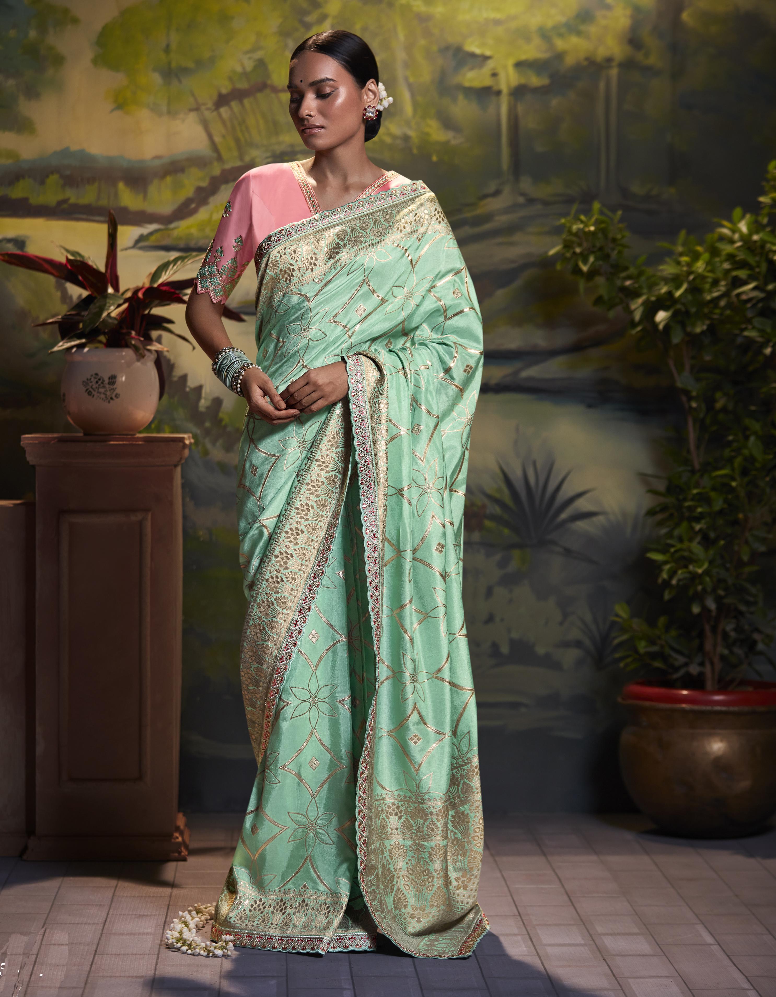 Light Green Fancy Silk Wedding Wear Saree With Blouse SD27128