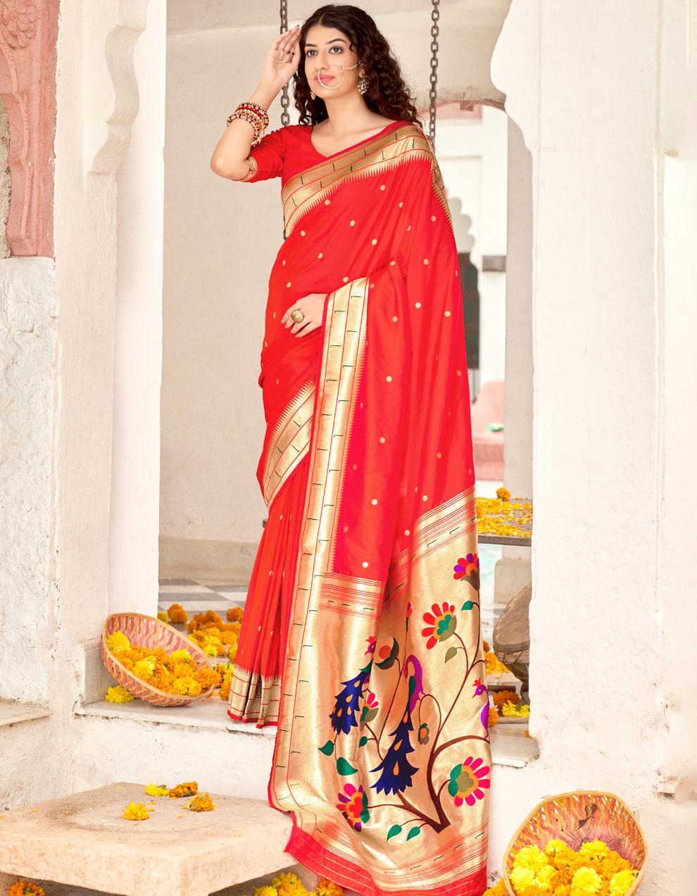 Red Banarasi Silk Saree With Blouse SD26191