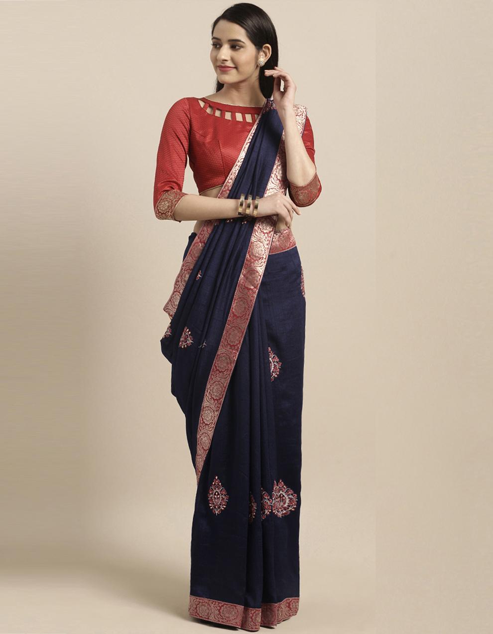 Navy Blue Poly Silk Saree With Blouse IW20519