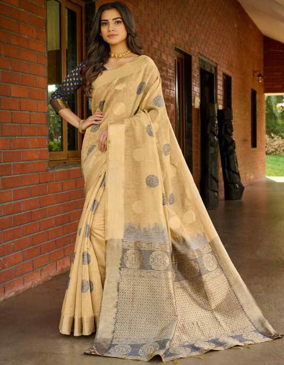 Cream  Banarasi Cotton Saree With Blouse MK26032