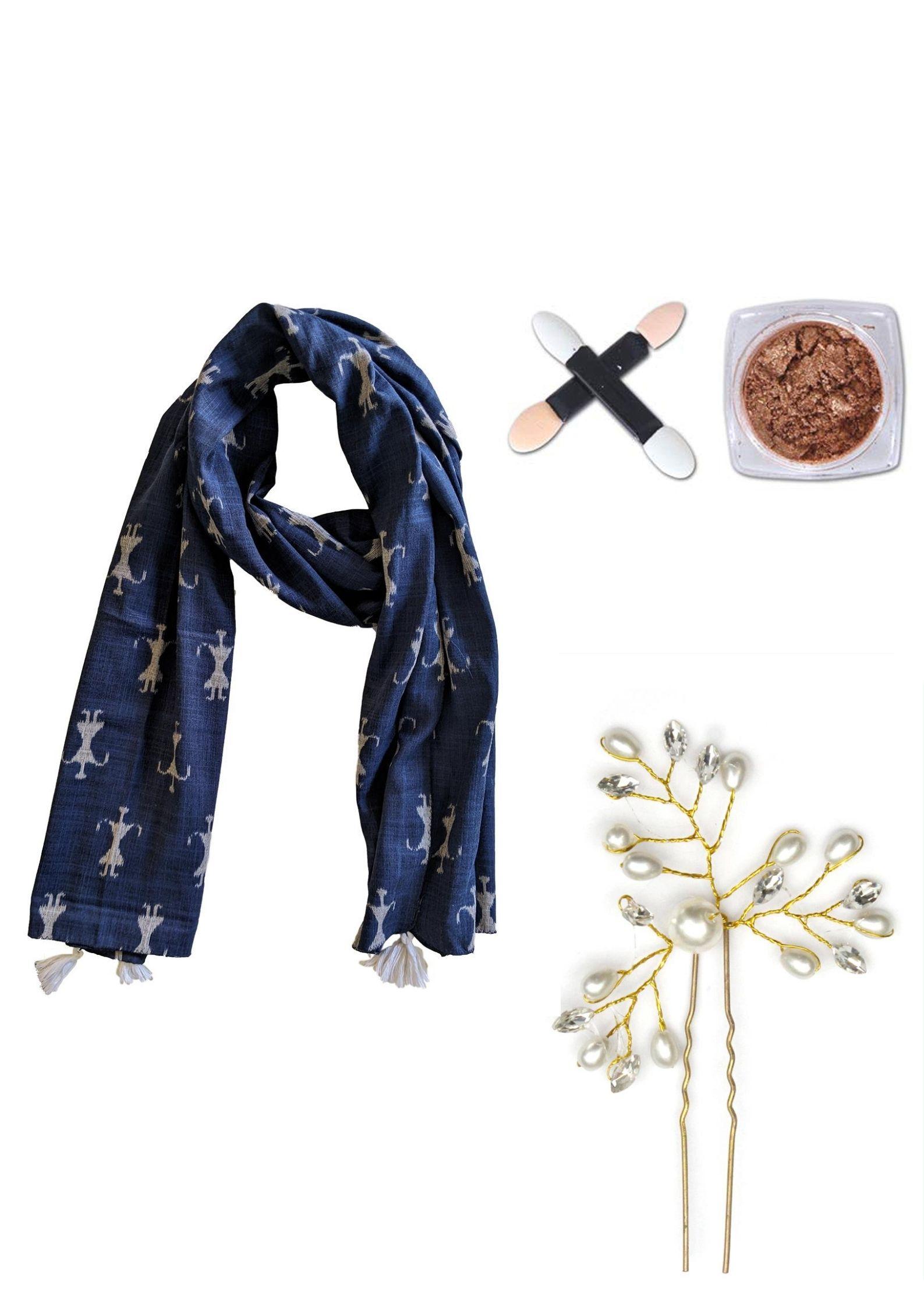 Navy Blue Rayon Printed Scarf combo with Nail art powder and Hair Pin for Women SCB1