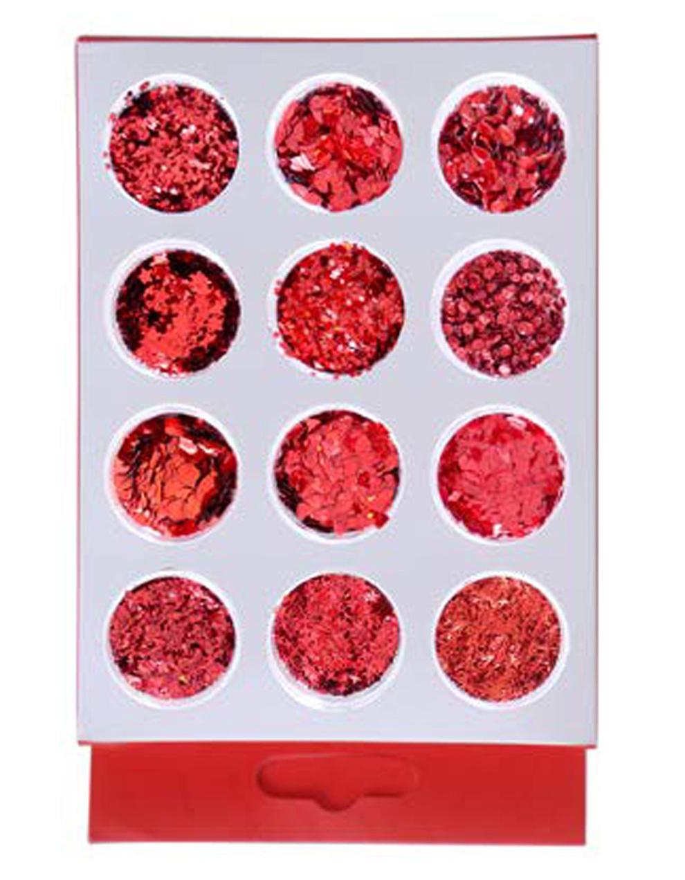 DesiButik's Nail Art Glitter Powder set of 12 Red NC29