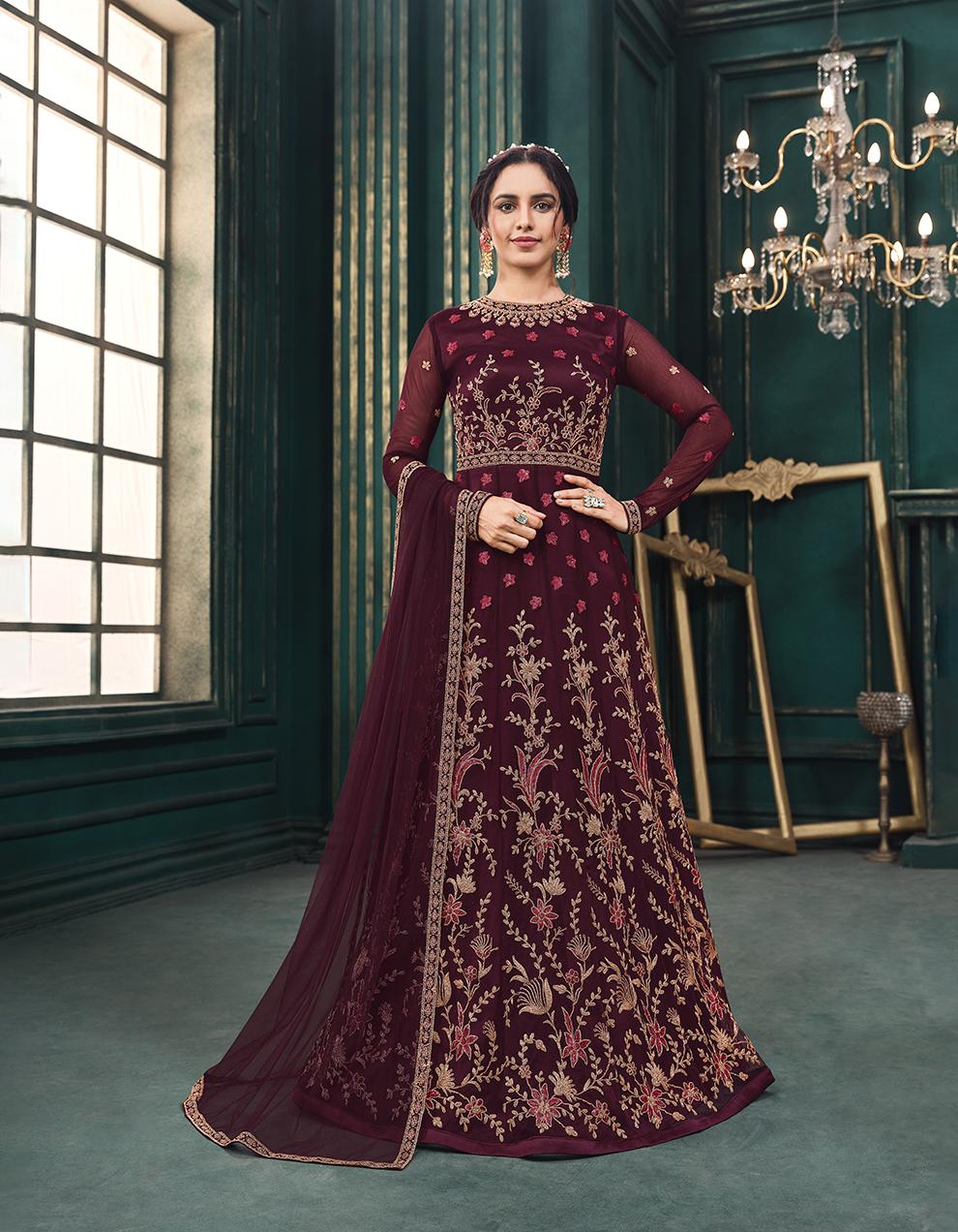 Maroon Net Anarkali Suit with Heavy Embroidery Work SAF8680