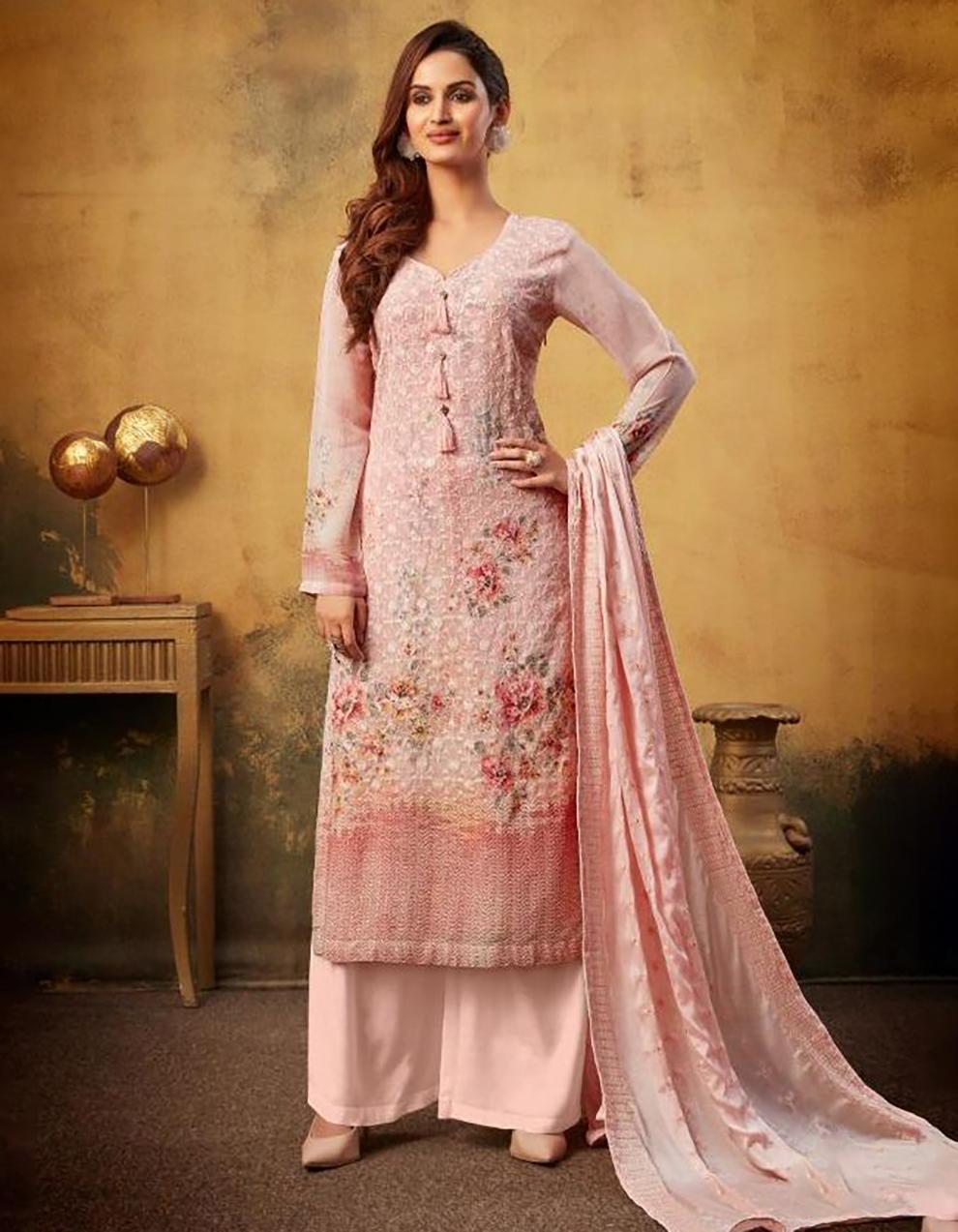 Peach Pure Viscose Bemberg Georgette Palazzo Suit with Dupatta SHL8735