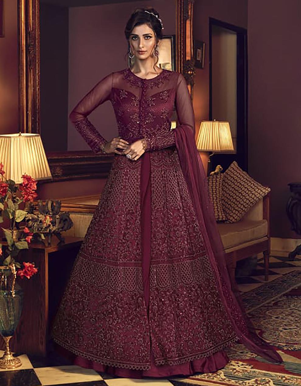 Maroon Net Anarkali Suit with Heavy Embroidery Work SAF8677